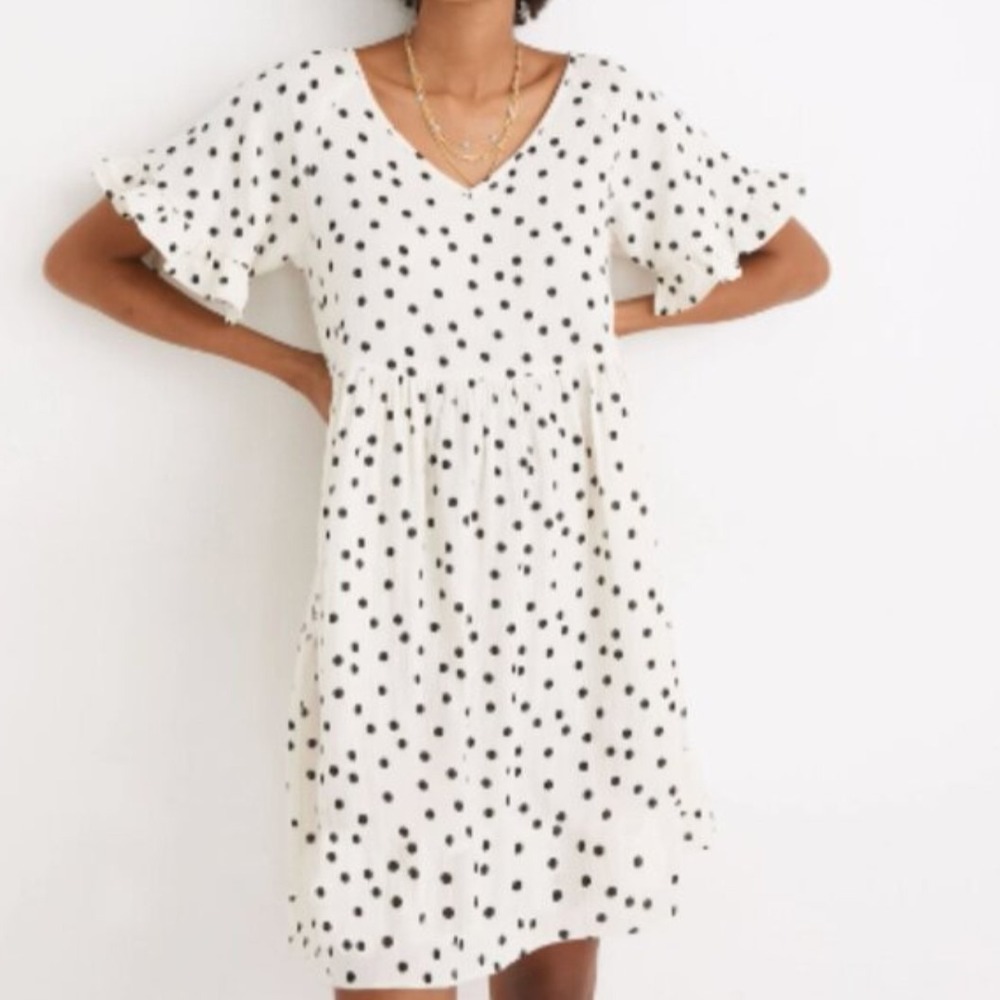 Madewell Cream‎ Black Dot Lightspun Ruffle Babydoll Dress Small Casual Everyday